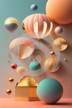 A realistic image showing colorful hot air balloons with a golden shimmer Generative AI