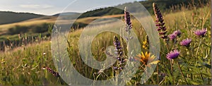 A realistic image of a sun-drenched summer meadow.