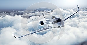 Realistic image of White Luxury generic design private jet flying over the earth. Empty blue sky with white clouds at photo