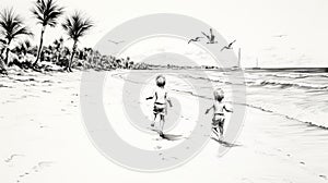 Realistic Ink Drawing Of Boys Running On Beach