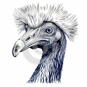 Realistic Ink Drawing Of Ostrich With Blue Mohawk