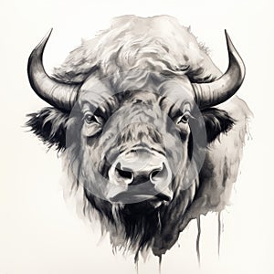 Realistic Ink Portrait Of A Bull Head On White Background