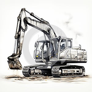 Realistic Ink Wash Painting Of An Excavator