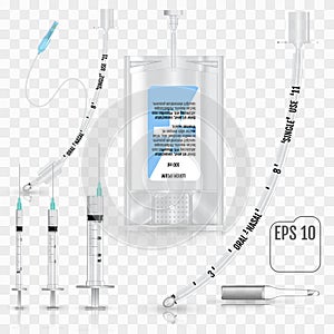 Realistic Intravenous fluid, syringe, tracheal tube without cuff