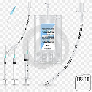 Realistic Intravenous fluid, syringe, tracheal tube without cuff