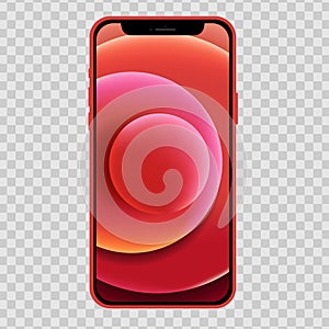 Realistic iPhone 12 mockup in red with a branded splash screen. Smartphone on a transparent background for your design. Stock