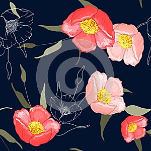 Realistic isolated seamless flower pattern. Vintage set. Wallpaper. Hand drawn. Vector illustration. Abstract flower drawing.