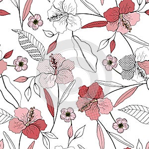 Realistic isolated seamless flower pattern. Vintage set. Wallpaper. Hand drawn. Vector illustration. Abstract flower drawing.