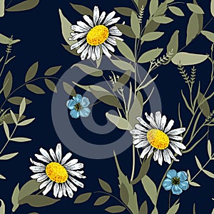 Realistic isolated seamless flower pattern. Vintage set. Wallpaper. Hand drawn. Vector illustration. Abstract flower drawing.