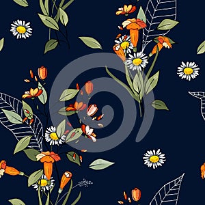 Realistic isolated seamless flower pattern. Vintage set. Wallpaper. Hand drawn. Vector illustration. Abstract flower drawing.