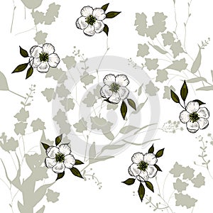 Realistic isolated seamless flower pattern. Vintage set. Wallpaper. Hand drawn. Vector illustration. Abstract flower drawing