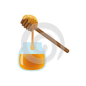 realistic isolated vector honey jar and stick with liquid honey flowing in a puddle