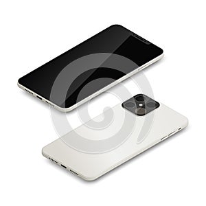 Realistic isometric smartphone top and side view. 3d metallic gray mobile phone with empty black screen isolated on