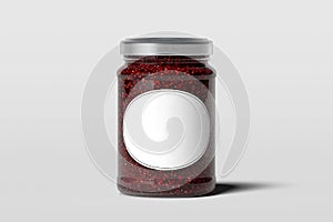 Jam jar with blank white emblem isolated on white background, 3d rendering.