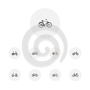 Realistic Journey Bike, Working, Competition Bicycle And Other Vector Elements. Set Of Bike Realistic Symbols Also