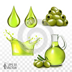 Realistic jug of olive oil, green olives on a branch, oil splash and drops, healthy food and natural cosmetic ingredients, 3d