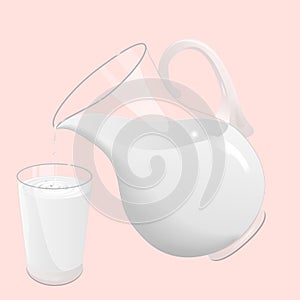 Realistic Jug of White Milk and Glass Of Milk. Dripping and Pouring into Transparent Glass with Splash Isolated on Pink Background