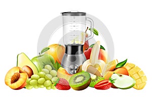 Realistic Juicer blender. Kitchen blender with set of fruits, bananas, oranges, kiwi, peach, grapes, strawberry, apple, mango,