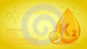 Realistic K2 Menaquinone Vitamin drop with structural chemical formula. 3D Vitamin molecule K2 Menaquinone design. Drop