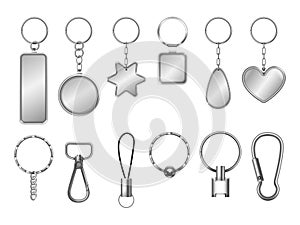 Realistic keyring. Metal key door keychain, metallic chains with blank icons, round circle keyrings, chained holders