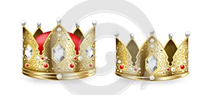 Realistic king and queen crowns. 3D golden royal monarch headdress collection, heraldic and coronation symbol. Vector
