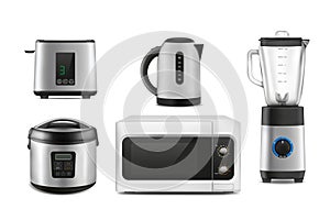 Realistic kitchen items. Household appliances. Electric kettle. Microwave oven. Toaster or multicooker. Home blender and