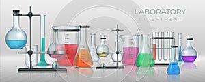 Realistic laboratory. Chemistry lab equipment, 3D flask tubes beaker and other measuring glassware. Vector chemical or