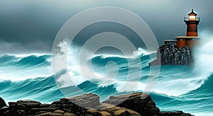 Realistic landscape illustration of lighthouse on coast during storm