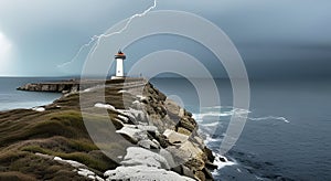 Realistic landscape illustration of lighthouse on coast during storm with lightning