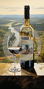 Realistic Landscape Painting: A Bottle Of Wine And A Glass