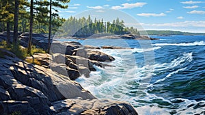 Realistic Landscape Painting: Ocean Waves And Pine Trees