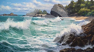 Realistic Landscape Painting Of Waves Crashing On Shore In Oil