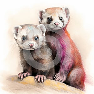 Realistic Landscape Style Painting Of Two Ferrets With Colorful Faces