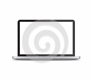 Realistic laptop in front view vector illustration isolated on white background. Computer notebook with webcam and empty screen mo