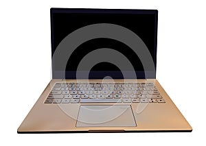 Realistic laptop isolated on the white background. Computer with the full keyboard  letters  and signs on buttons. Ultrabook