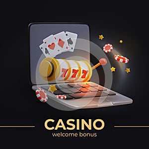 Realistic laptop, slot machine with winning combination, playing cards, poker chips
