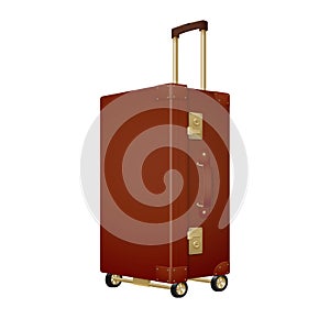 Realistic large vintage suitcase on modern wheels with a handle.