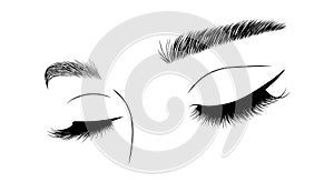 Realistic lashes on white background. Woman with closed eyes and brows icon. Lamination and extension eyelashes. Beauty