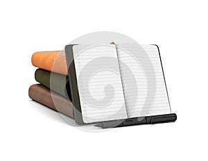 Realistic lather notebook set with open pages front view 3d render on white