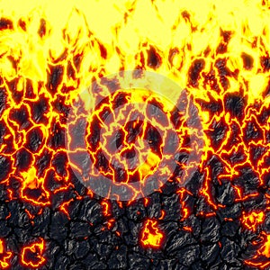 Realistic lava flame on black ash background. Texture of molten magma surface