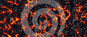 Realistic lava flame on black ash background. Texture of molten magma surface