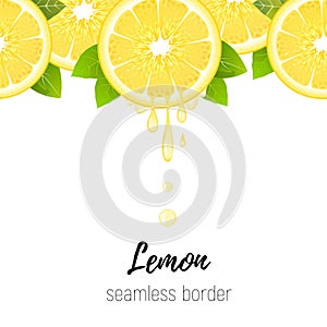 Realistic lemon slice seamless border isolated on white. Fresh citrus with juice drops vector illustration
