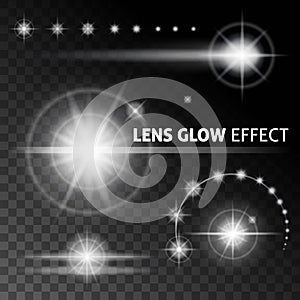Realistic lens flares and rays flash white light on a dark background. Vector illustrations