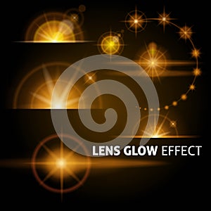 Realistic lens flares and rays flash white orange light on a dark background. Set the template for web design