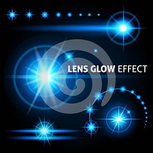 Realistic lens flares and rays flash white orange light on a dark background. Set the template for web design