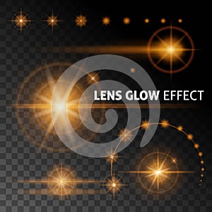Realistic lens flares and rays flash white orange light on a dark background. Set the template for web design. illustration