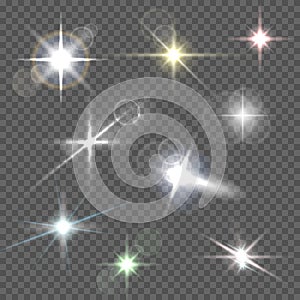 Realistic lens flares star lights and glow white elements on transparent background vector illustration