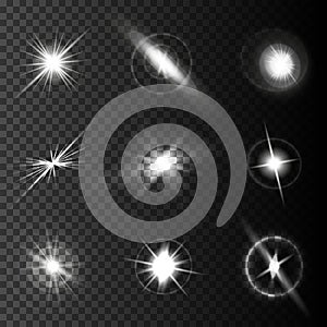 Realistic lens flares star lights and glow white elements on transparent black background Vector illustration