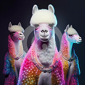 Realistic lifelike alpaca in disco neon glitter bright outfits, surreal surrealism, Generative AI