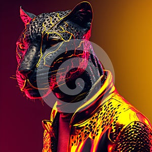 Realistic lifelike black panther in fluorescent electric highlighters ultra-bright neon outfits